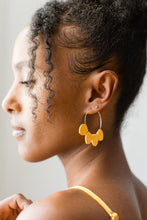 Load image into Gallery viewer, Mustard Yellow Leather Petal Hoop Earrings