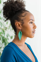 Load image into Gallery viewer, Emerald Green Leather Leaf Earrings.