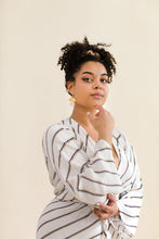 Load image into Gallery viewer, Beige Leather Small Circle & Brass Half Circle Stacked Earrings
