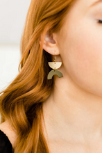 Load image into Gallery viewer, Army Green Leather Arc & Brass Half Moon Earrings