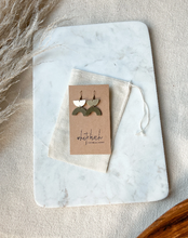 Load image into Gallery viewer, Army Green Leather Arc & Brass Half Moon Earrings