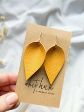 Load and play video in Gallery viewer, Mustard Yellow Leather Leaf Earrings