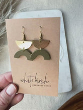 Load and play video in Gallery viewer, Army Green Leather Arc & Brass Half Moon Earrings