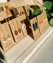 Load image into Gallery viewer, Tan Brown Leather & Brass Sunburst Geometric Earrings