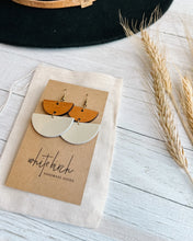 Load image into Gallery viewer, Cream Leather & Light Cherry Wood Half Moon Stacked Dangle Earrings