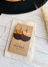Load image into Gallery viewer, Rootbeer Leather & Light Cherry Wood Half Moon Stacked Dangle Earrings