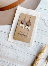 Load image into Gallery viewer, Cream Leather Moon & Walnut Wood Circle Dangle Earrings