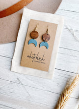 Load image into Gallery viewer, *SALE* Blue Leather Moon & Walnut Wood Circle Dangle Earrings With Raw Brass Hook