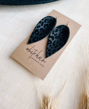 Load image into Gallery viewer, *SALE* Flocked Velvet Black Leopard Leather Small Leaf Earrings With Raw Brass Hook