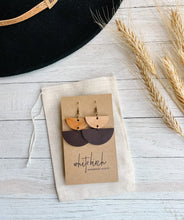 Load image into Gallery viewer, Rootbeer Leather & Light Cherry Wood Half Moon Stacked Dangle Earrings