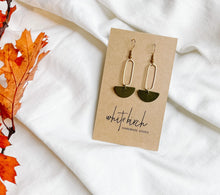 Load image into Gallery viewer, *SALE* Small Brass Oval and Green Leather Earrings with Raw Brass Hook