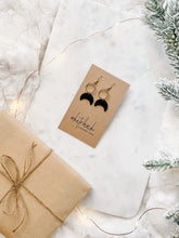 Load image into Gallery viewer, Black Leather Moon & Brass Ring Earrings