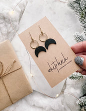 Load image into Gallery viewer, Black Leather Moon & Brass Ring Earrings