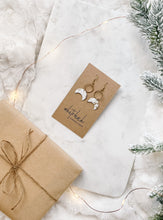 Load image into Gallery viewer, SALE - White & Gold Fleck Leather Moon & Brass Ring Earrings