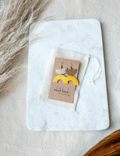 Load image into Gallery viewer, Yellow Leather Arc & Brass Half Moon Earrings