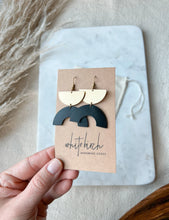 Load image into Gallery viewer, Black Leather Arc & Brass Half Moon Earrings