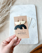 Load image into Gallery viewer, Black Leather Arc & Brass Half Moon Earrings