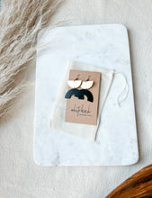 Load image into Gallery viewer, Black Leather Arc & Brass Half Moon Earrings