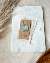 Load image into Gallery viewer, Baby Blue Leather & Brass Sunburst Geometric Earrings