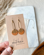 Load image into Gallery viewer, Tan Brown Leather & Brass Sunburst Geometric Earrings