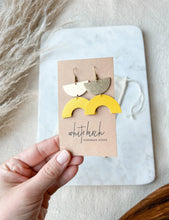 Load image into Gallery viewer, Yellow Leather Arc & Brass Half Moon Earrings