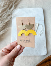 Load image into Gallery viewer, Yellow Leather Arc & Brass Half Moon Earrings