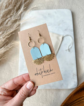 Load image into Gallery viewer, Baby Blue Leather & Brass Sunburst Geometric Earrings