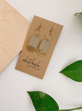 Load image into Gallery viewer, Clay Putty Tan Leather & Brass Sunburst Geometric Earrings