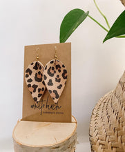 Load image into Gallery viewer, *SALE* Cheetah Print Leather Small Leaf Earrings with Raw Brass Hook