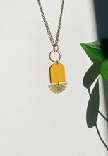 Load image into Gallery viewer, *SALE* Geometric Brass Sunburst Mustard Yellow Leather Necklace