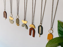 Load image into Gallery viewer, *SALE* Geometric Brass Sunburst Mustard Yellow Leather Necklace