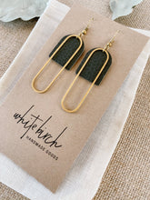 Load image into Gallery viewer, Dark Green Leather & Brass Oval Accent Earrings