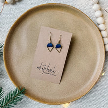 Load image into Gallery viewer, Dark Blue Leather & Brass Triangle Earrings