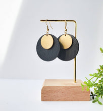 Load image into Gallery viewer, Black Leather Disc & Small Brass Disc Dangle Earrings.