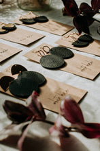 Load image into Gallery viewer, Black Leather Disc & Brass Circle Earrings.