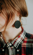 Load image into Gallery viewer, Brown Leather Disc & Brass Hexagon Dangle Earrings