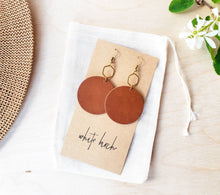 Load image into Gallery viewer, Brown Leather Disc & Brass Hexagon Dangle Earrings