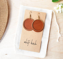 Load image into Gallery viewer, Brown Leather Disc & Brass Circle Earrings