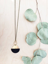 Load image into Gallery viewer, Geometric Brass Circle Black Half Moon Leather Necklace