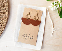Load image into Gallery viewer, Brown Leather Half Moon & Brass Circle Dangle Earrings