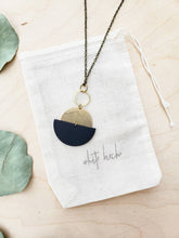 Load image into Gallery viewer, *SALE* Geometric Brass and Black Leather Half Moon Necklace