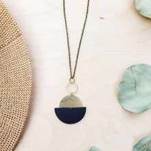 Load image into Gallery viewer, *SALE* Geometric Brass and Black Leather Half Moon Necklace