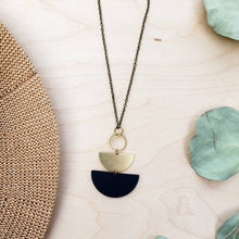 Load image into Gallery viewer, *SALE* Geometric Brass Circle Black Stacked Half Moon Leather Necklace