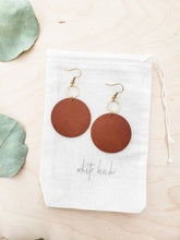 Load image into Gallery viewer, Brown Leather Disc & Brass Hexagon Dangle Earrings