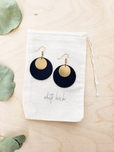 Load image into Gallery viewer, Black Leather Disc & Small Brass Disc Dangle Earrings.