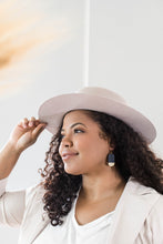 Load image into Gallery viewer, Navy Blue Leather & Mini Brass Half Moon Geometric Earrings