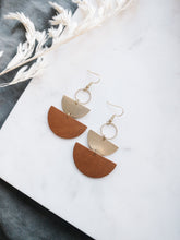 Load image into Gallery viewer, Brown Leather & Brass Stacked Half Moon Dangle Earrings