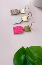 Load image into Gallery viewer, *SALE* Neon Pink Leather with Oblong Brass Accent Earrings With Raw Brass Hook