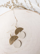 Load image into Gallery viewer, Beige Leather Small Circle & Brass Half Circle Stacked Earrings