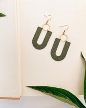 Load image into Gallery viewer, Dark Olive U-Shaped Leather & Brass Ring Earrings